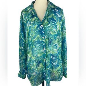 Vicki Wayne tropical teal & green button down long sleeve sheer blouse sz 12
